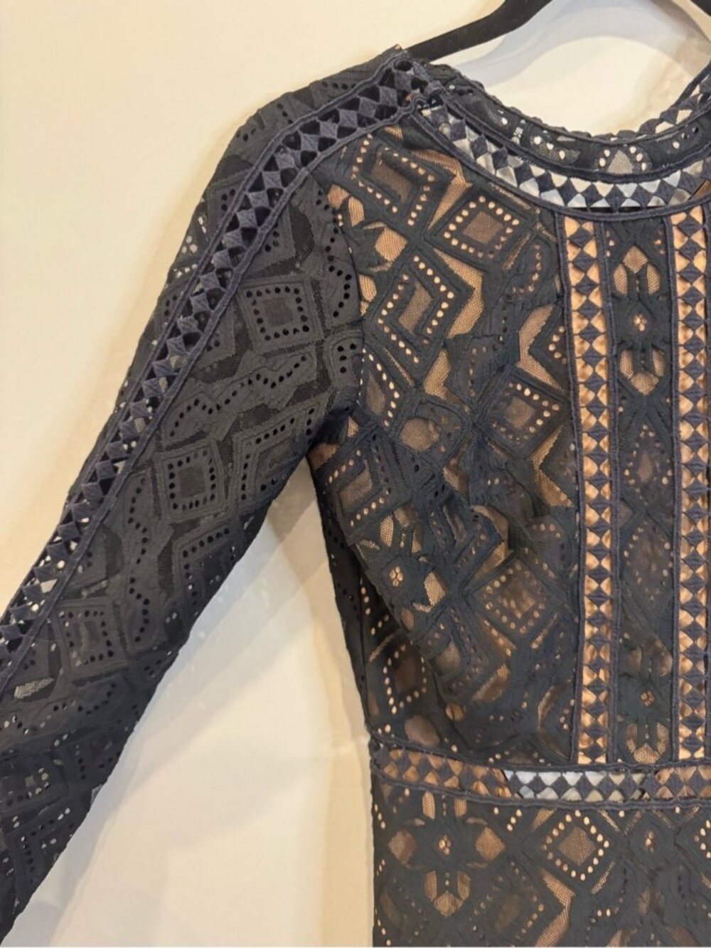 For Love & Lemons Black Lace Mini Dress XS Nude Illusion Long Sleeve 0813 - Picture 3 of 11